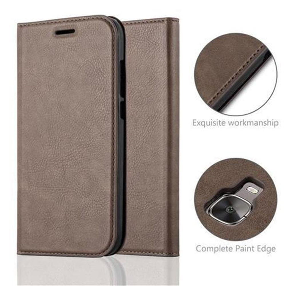 Funda de teléfono de cuero marrón. Los detalles de la funda se muestran en insertos circulares: exquisita mano de obra y borde de pintura completo.