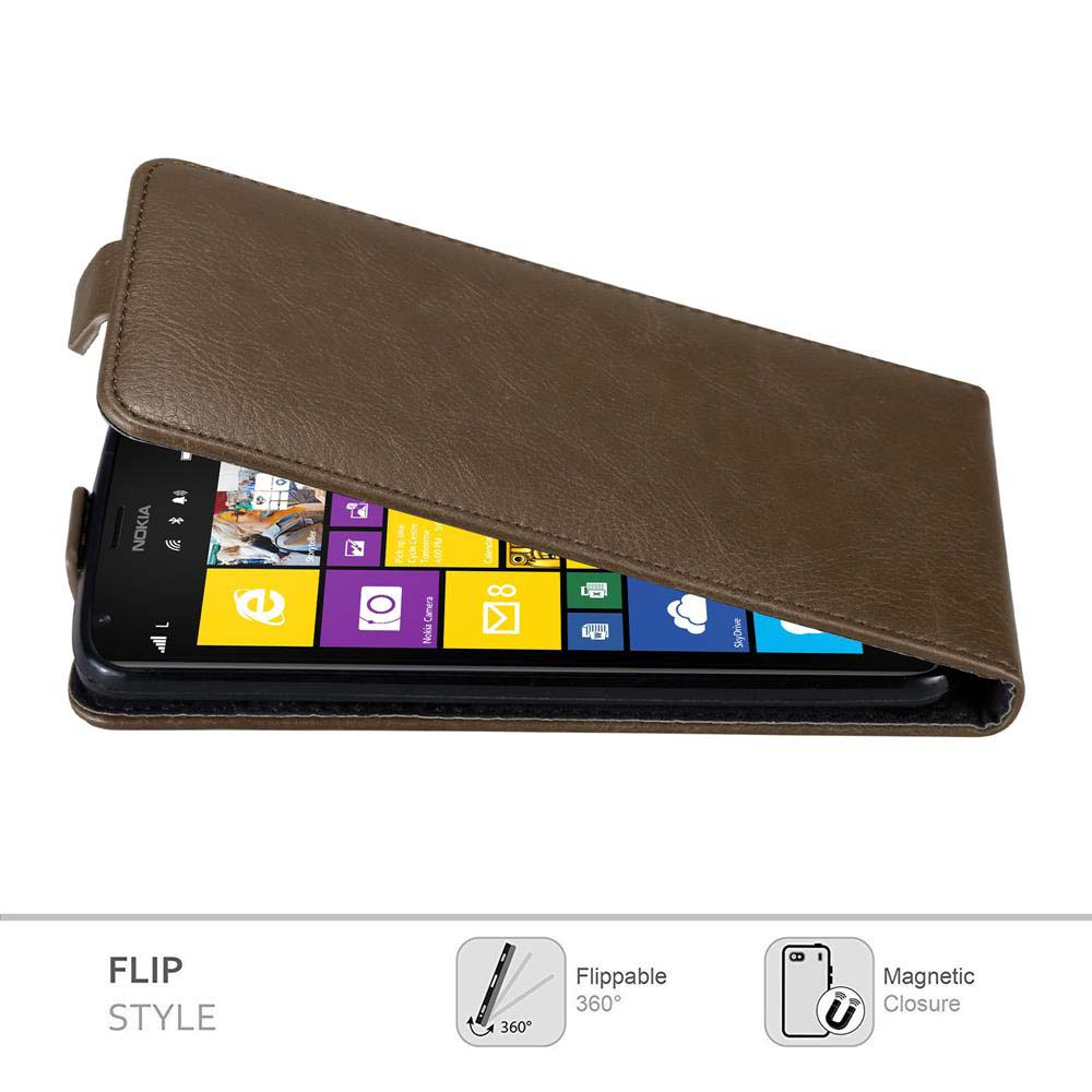 Eine braune Leder-Flip-Hülle mit einem Nokia-Telefon darin. Auf dem Telefonbildschirm sind Symbole zu sehen. Die Hülle ist geöffnet.