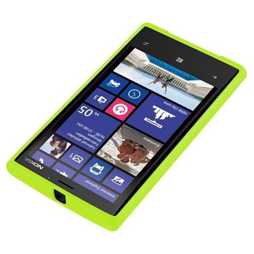 Uno smartphone Nokia con custodia verde brillante. Lo schermo mostra le icone delle app. Il telefono è angolato, mostrando le sue funzionalità.