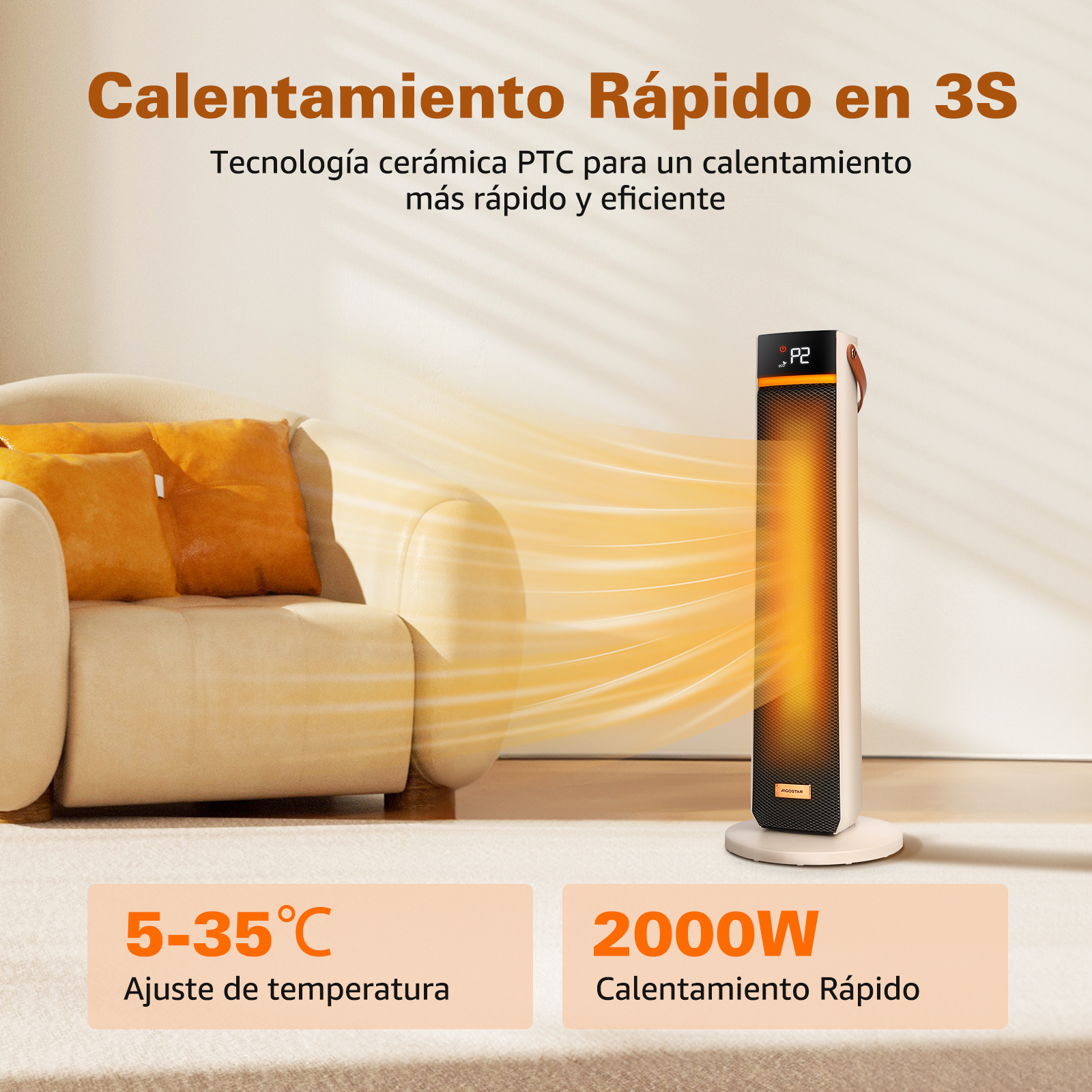 Una estufa está encendida. La imagen muestra una estufa y un sofá. Texto en español.