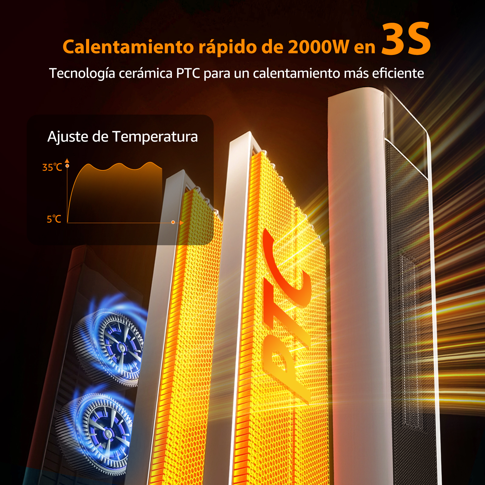 Imagen de un calentador con texto naranja y un gráfico de ajuste. El calentador tiene un diseño de rejilla.