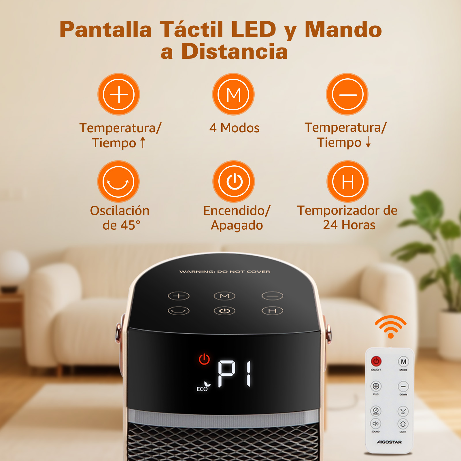 Un calefactor con mando a distancia, con botones de control de temperatura y modos. El calefactor tiene una pantalla digital.