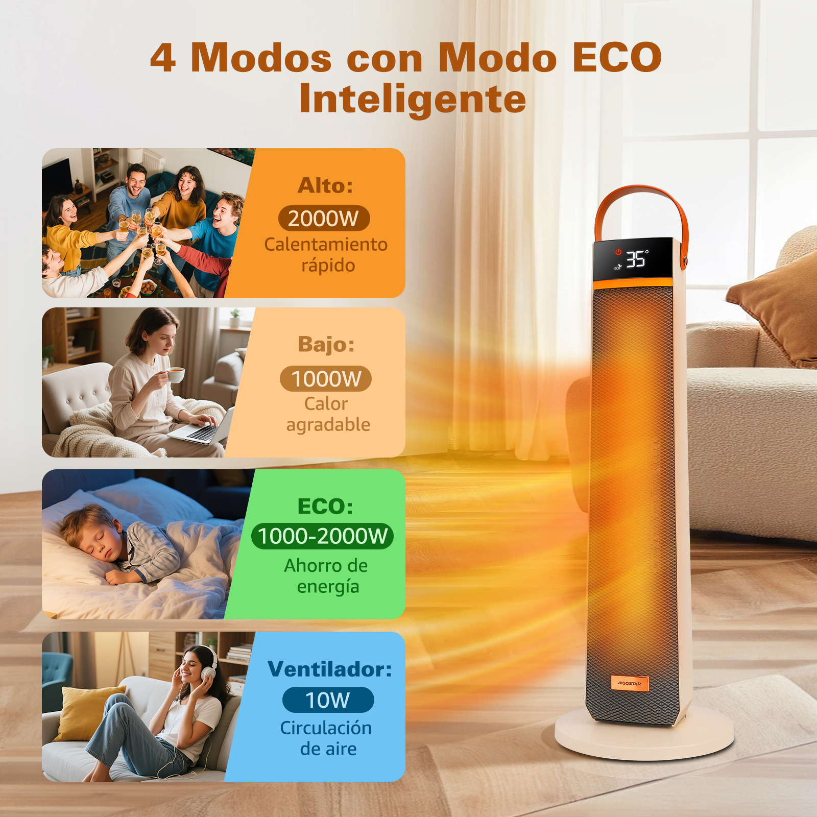 Un calefactor eléctrico con pantalla digital. Muestra 35 grados. Se muestran cuatro modos de calefacción con imágenes relacionadas.