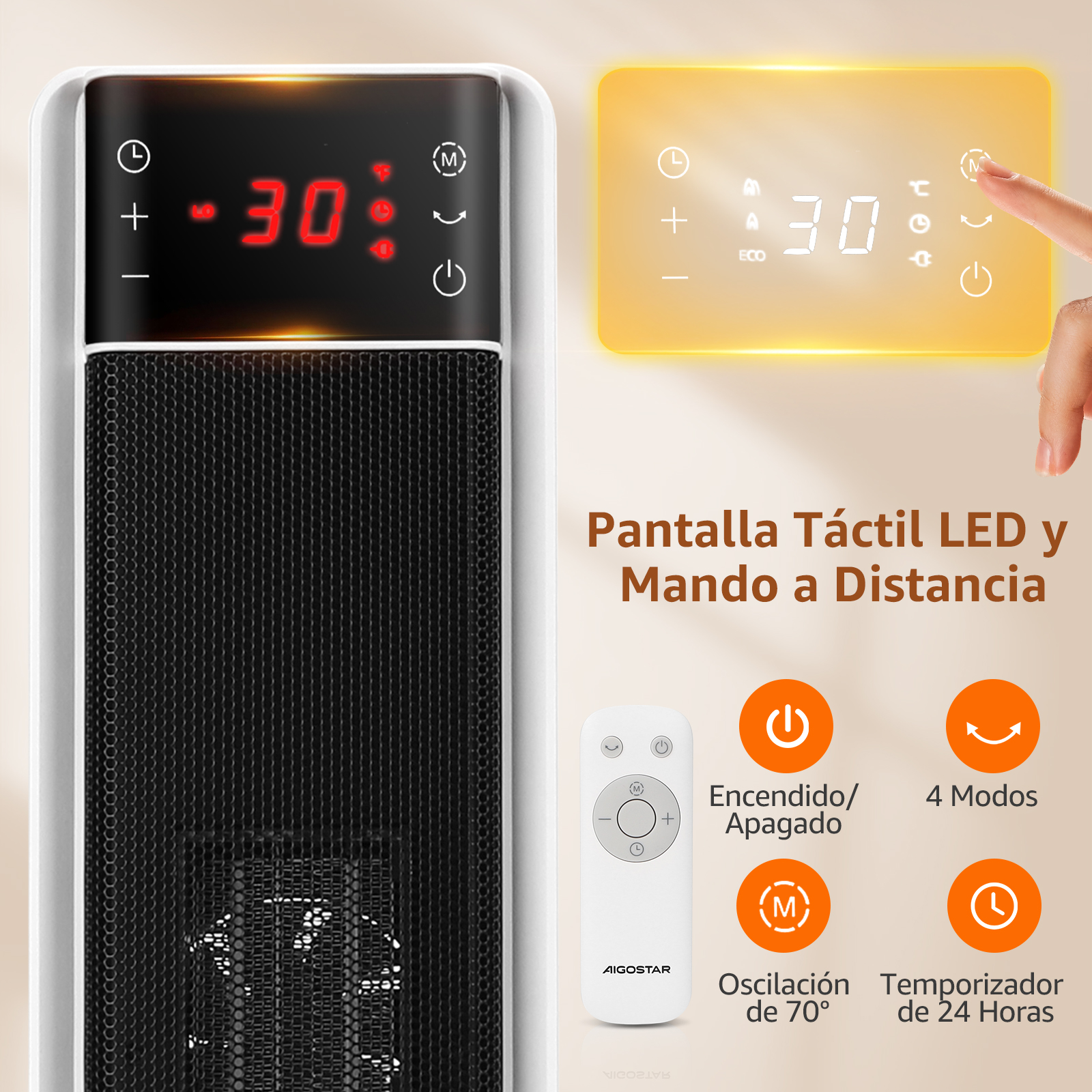 Un calefactor eléctrico blanco con pantalla digital que muestra 30. Tiene mando a distancia y botones de funciones.
