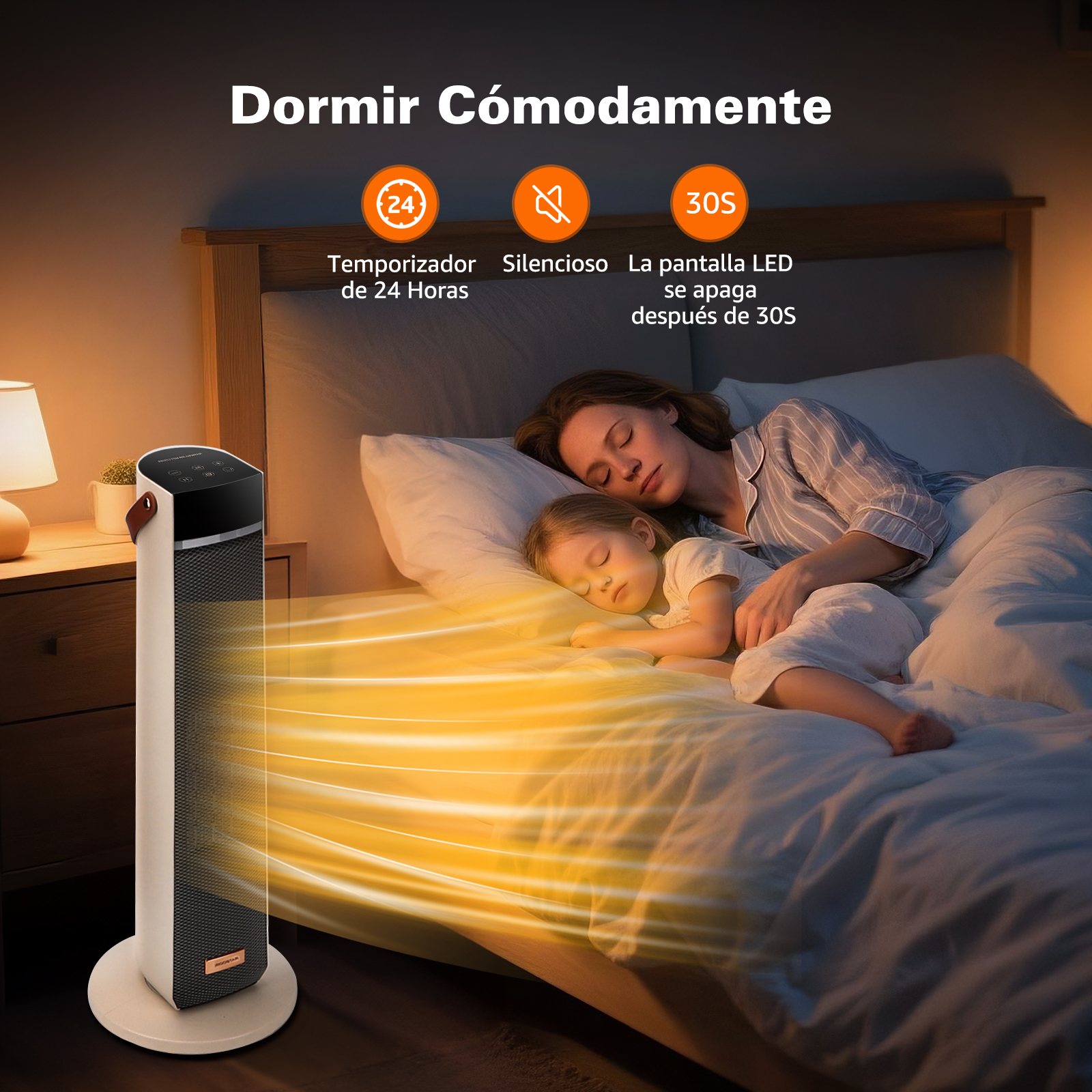 Una mujer y un niño duermen en la cama. Un calentador sopla aire caliente. El texto dice 'Dormir cómodamente'.