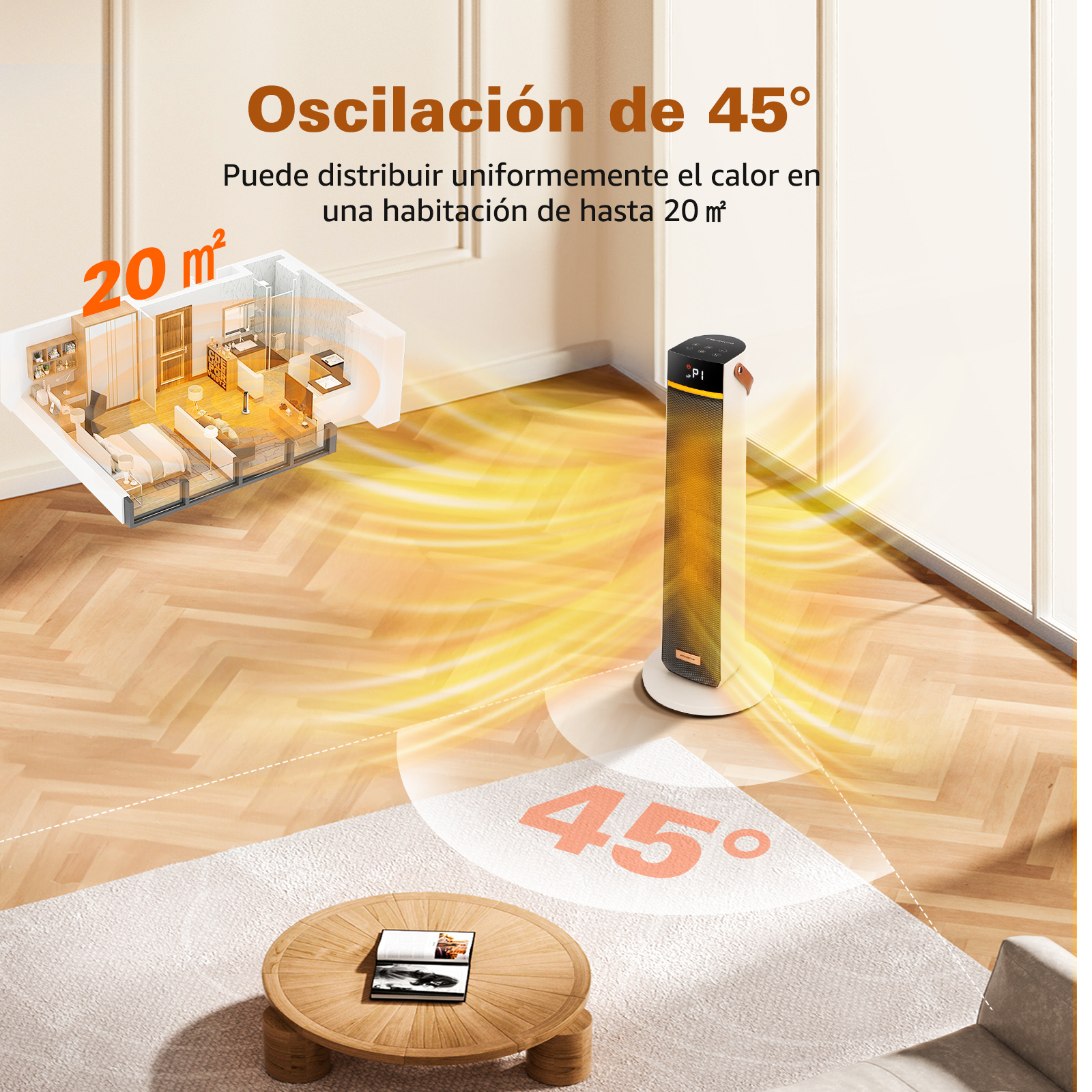 Un calefactor con oscilación de 45°, mostrado con un diagrama de casa y una mesa de centro con un libro.
