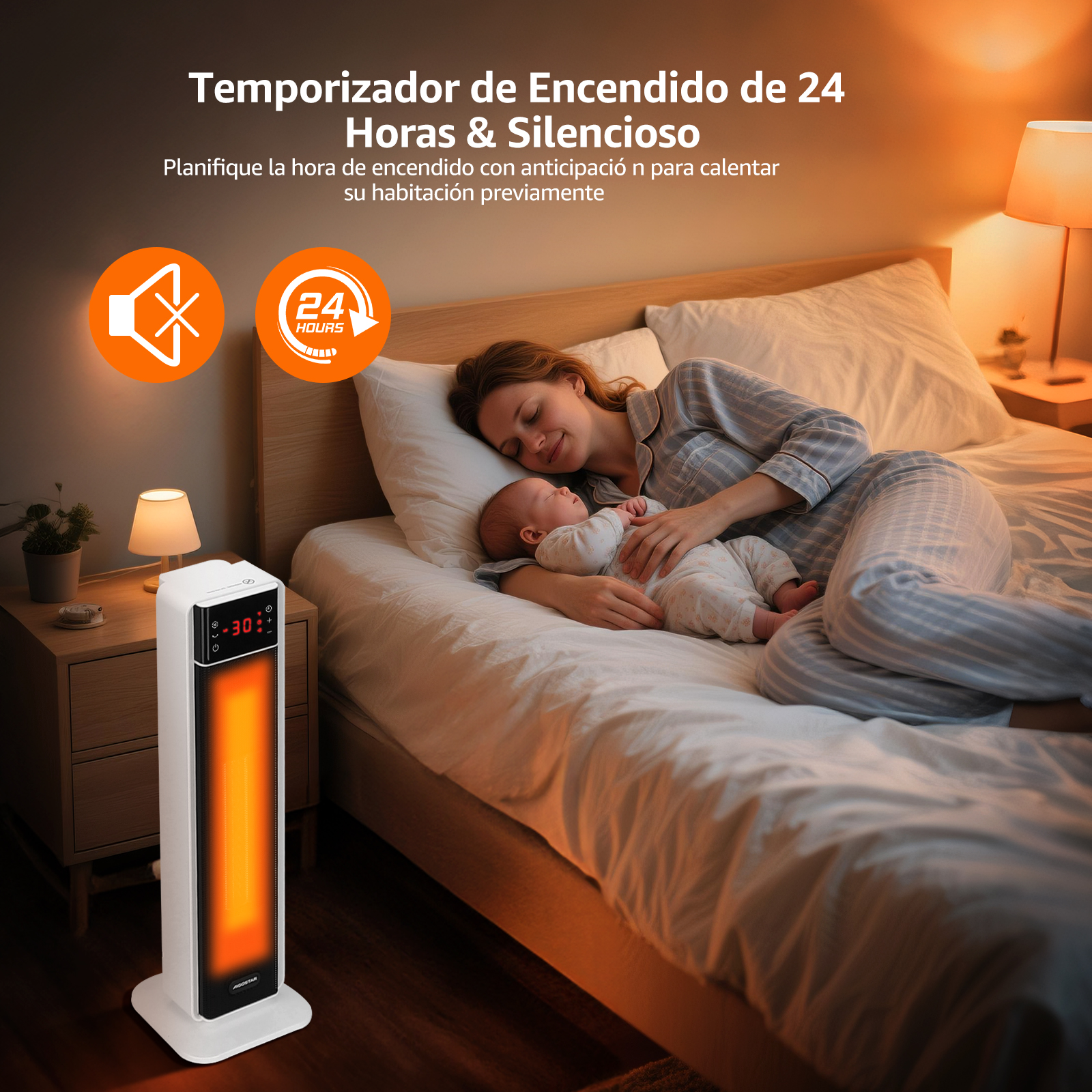 Una mujer y un bebé duermen en una cama. Hay un calentador blanco a la izquierda. La escena es cálida y acogedora.