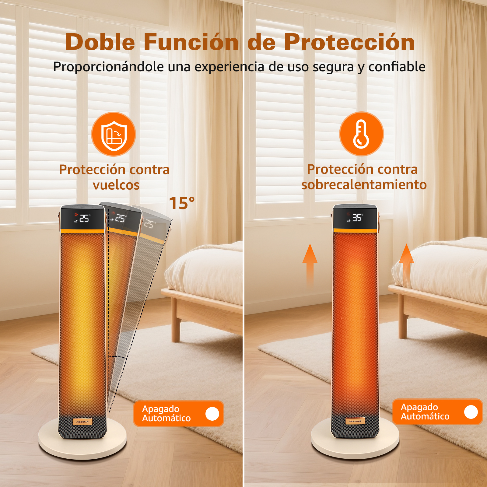Un calefactor eléctrico que muestra características de seguridad. Tiene protección antivuelco y sobrecalentamiento. El calefactor es naranja y negro.