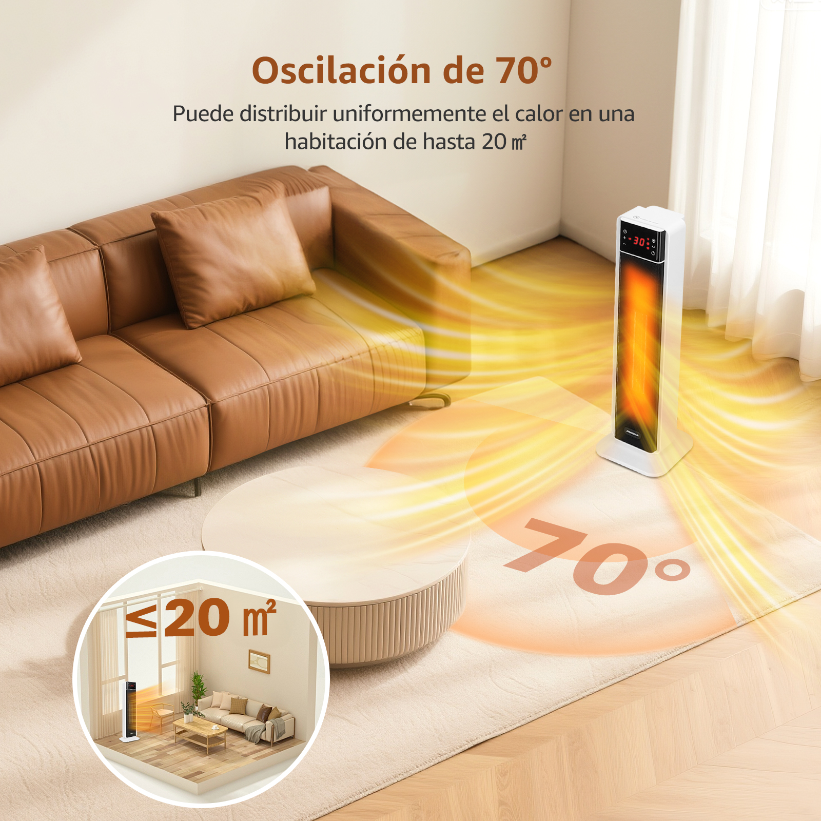 Una habitación con un sofá marrón, un calentador blanco y una alfombra. El calentador muestra 30 grados y oscilación de 70 grados.