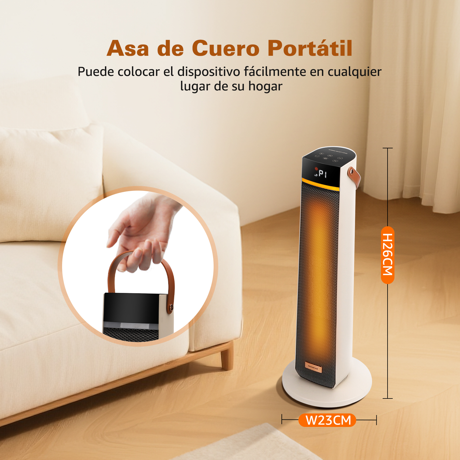 Un calefactor portátil blanco y negro con asa de cuero. Tiene una altura de 26 cm y un ancho de 23 cm.