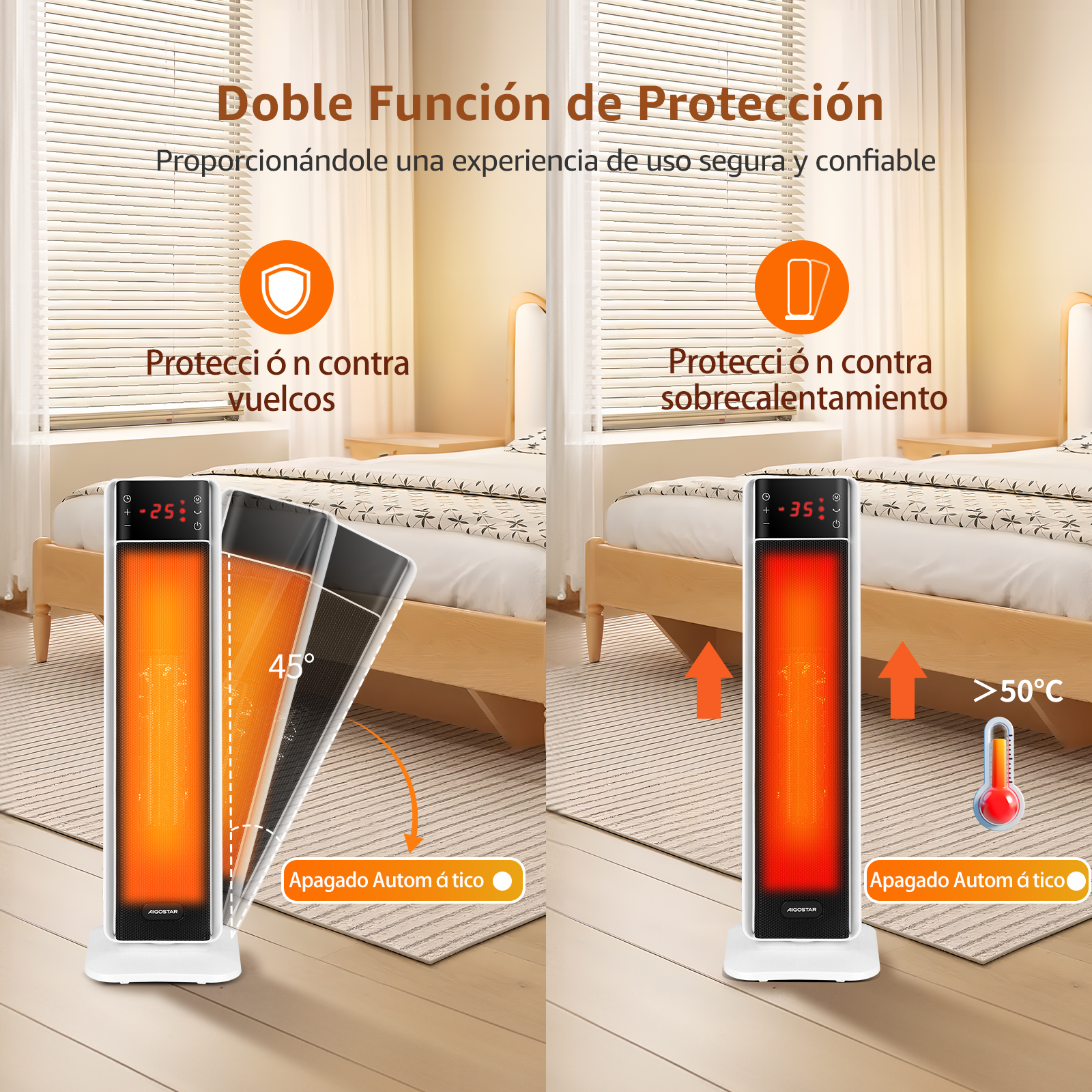 La imagen muestra un calefactor con características de seguridad. El texto describe la protección contra vuelcos y sobrecalentamiento, con pantalla de temperatura.