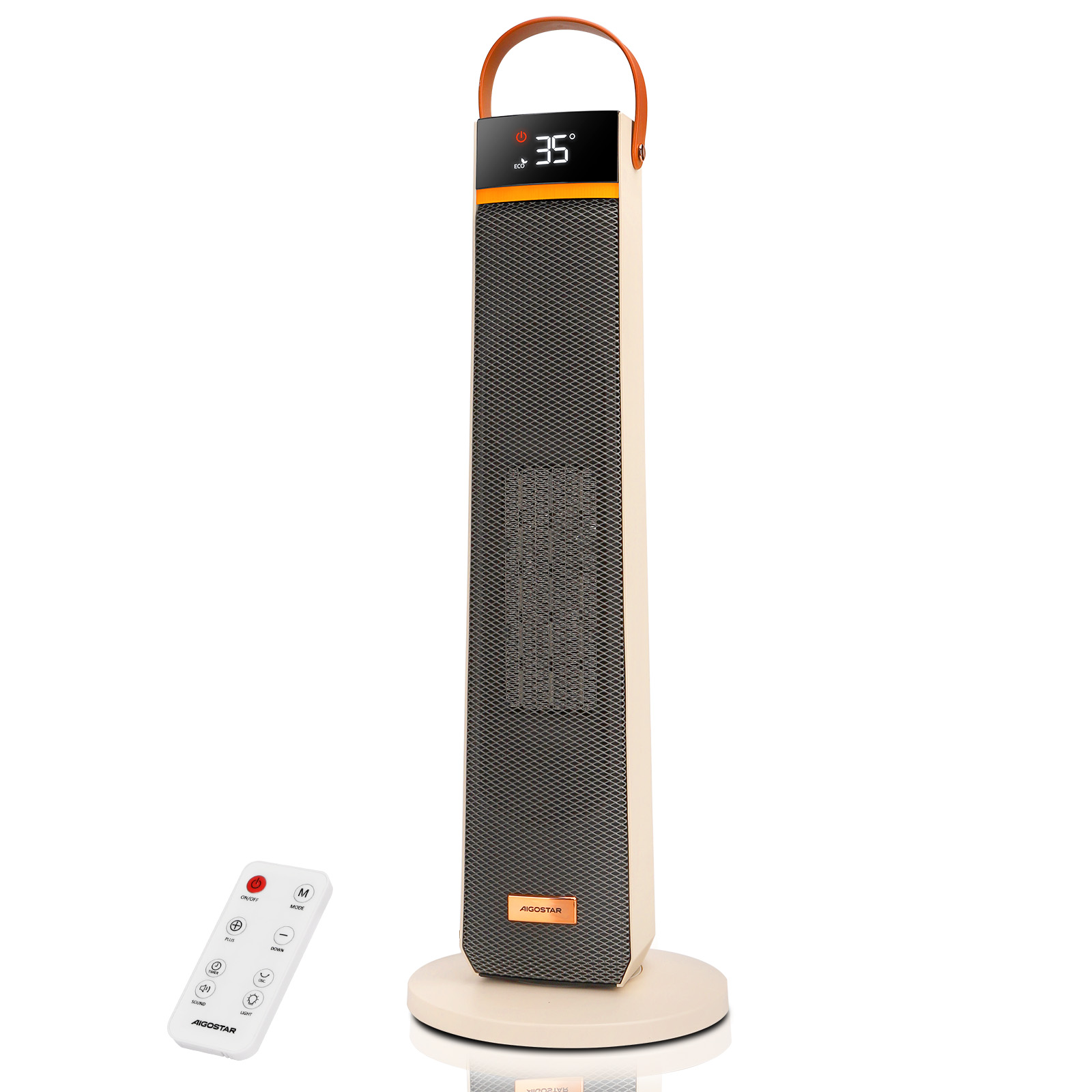 Un calefactor vertical beige y negro con asa naranja y pantalla digital, mando a distancia a la izquierda. La pantalla muestra 35°.