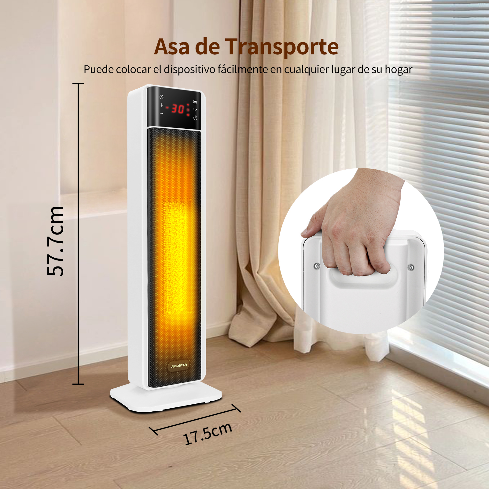 Un calefactor eléctrico blanco está sobre un piso de madera. Una mano sostiene el asa del calefactor. Cortinas y persianas en el fondo.