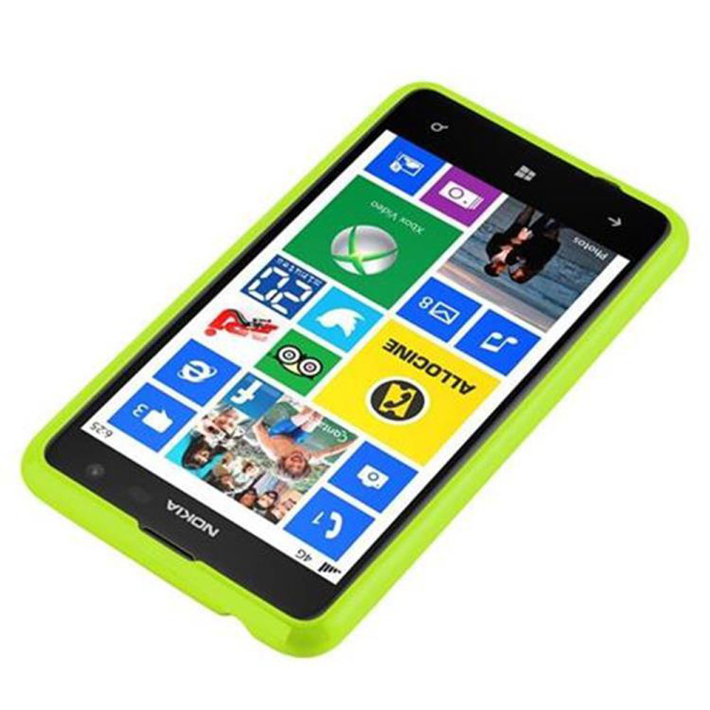 Un smartphone Nokia avec un étui vert affiche une interface utilisateur colorée avec des icônes d'applications. L'écran affiche diverses applications.