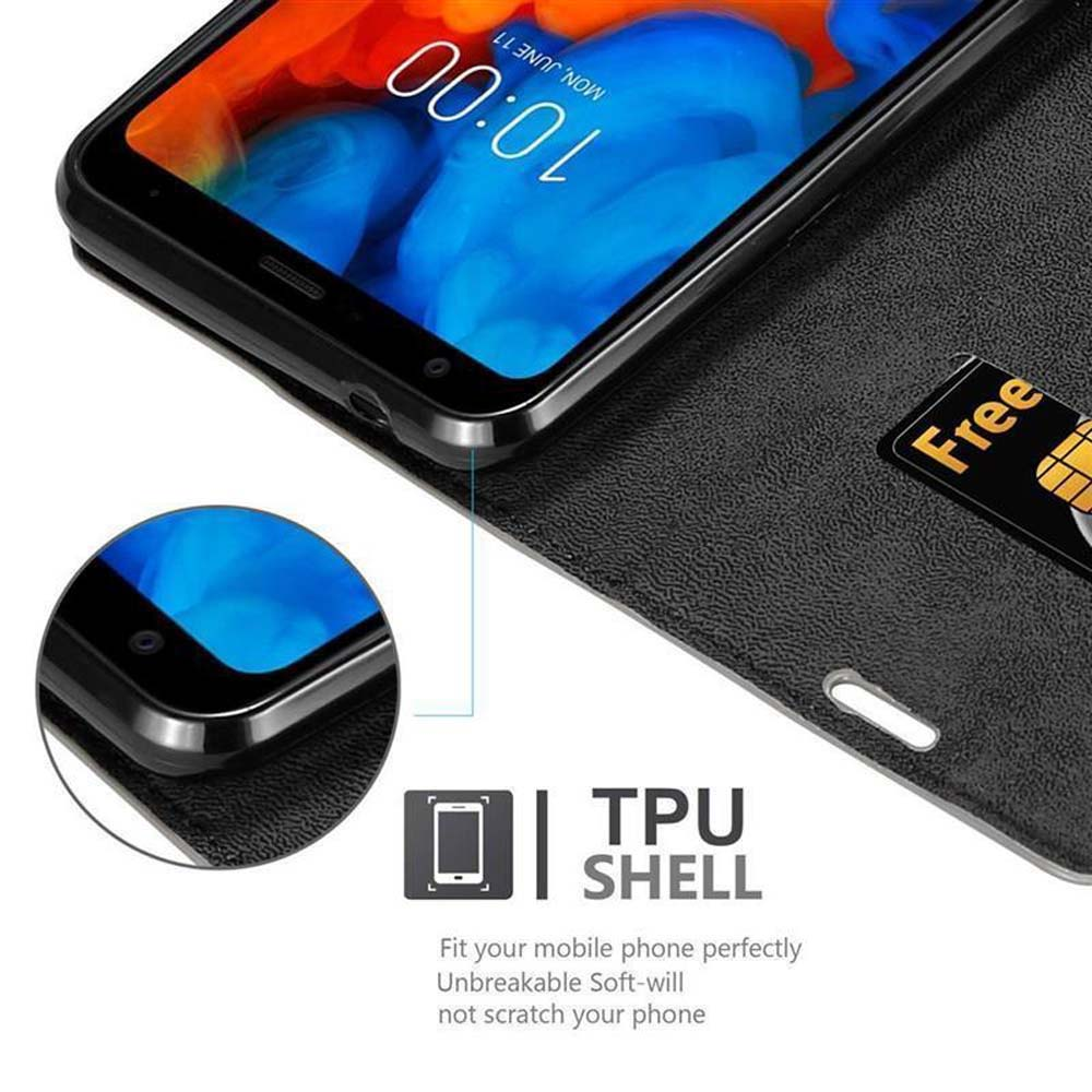 Un telefono in una custodia nera mostra uno schermo blu e arancione. C'è una carta di credito nella custodia. La custodia ha un'etichetta TPU SHELL.