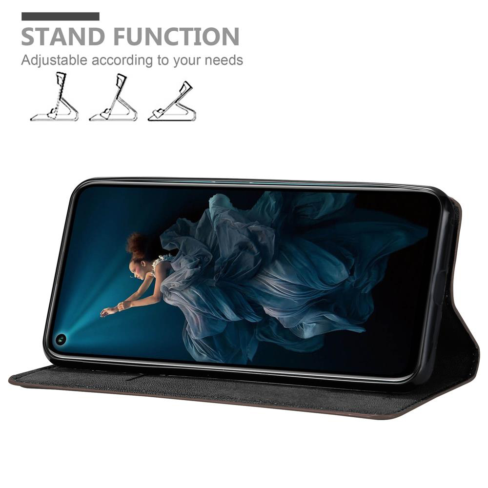 Ein Telefon in einem Etui zeigt das Bild einer Frau in einem fließenden Kleid. Die Hülle hat eine Standfunktion.