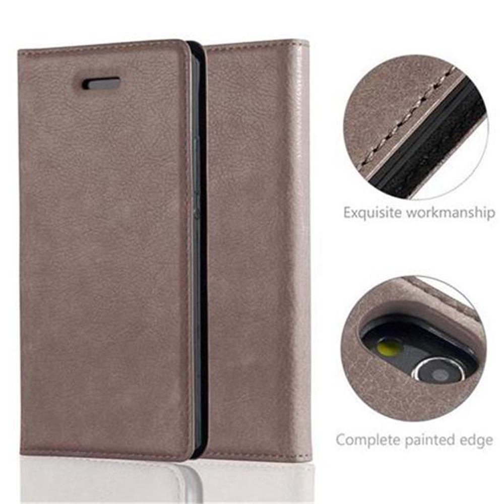 Funda de teléfono de cuero marrón abierta con teléfono dentro, más dos detalles que muestran la calidad.