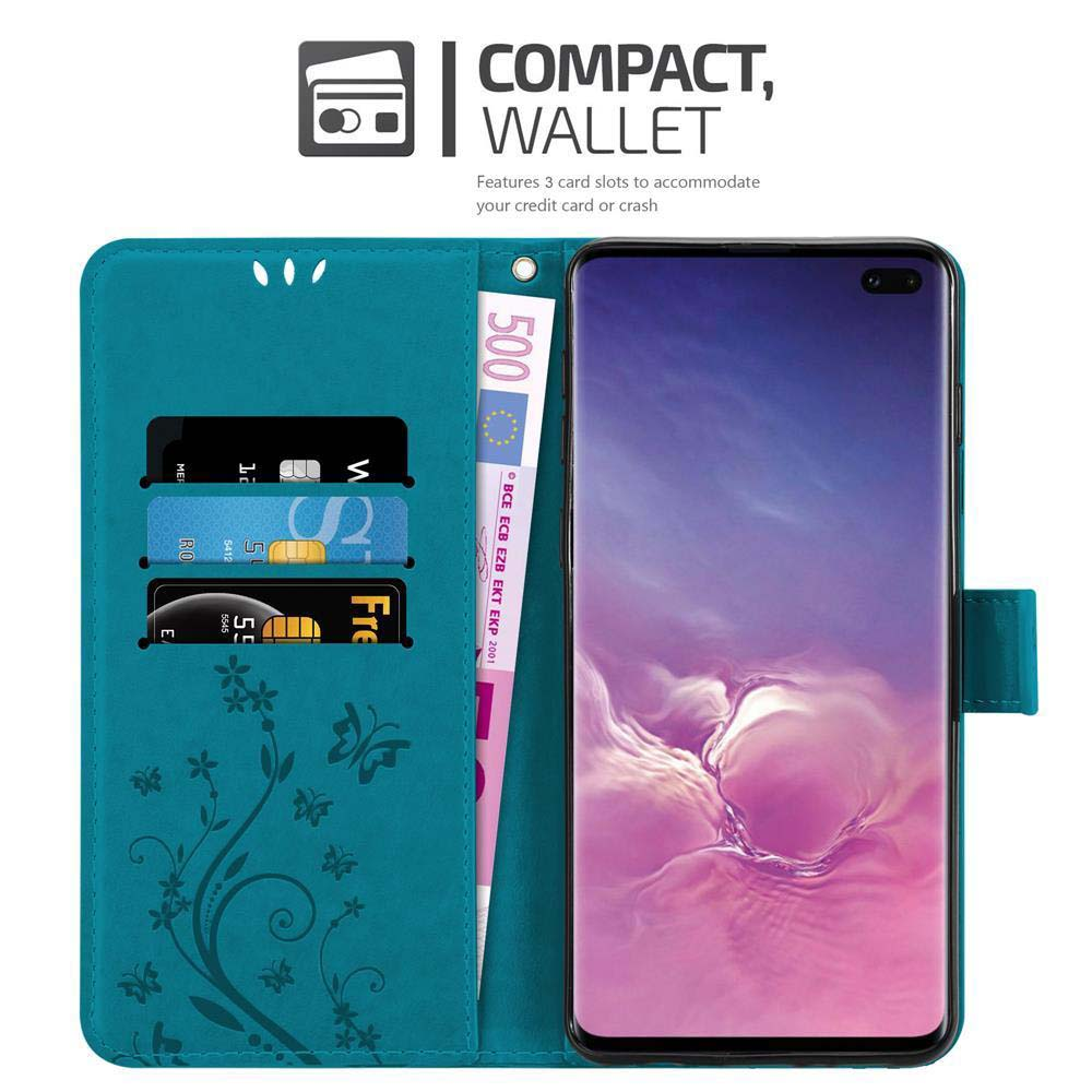 Eine türkisblaue Brieftasche mit einem Telefon, Kreditkarten und einem 500-Euro-Schein wird angezeigt. Die Brieftasche hat florale Designs und Kartenfächer.