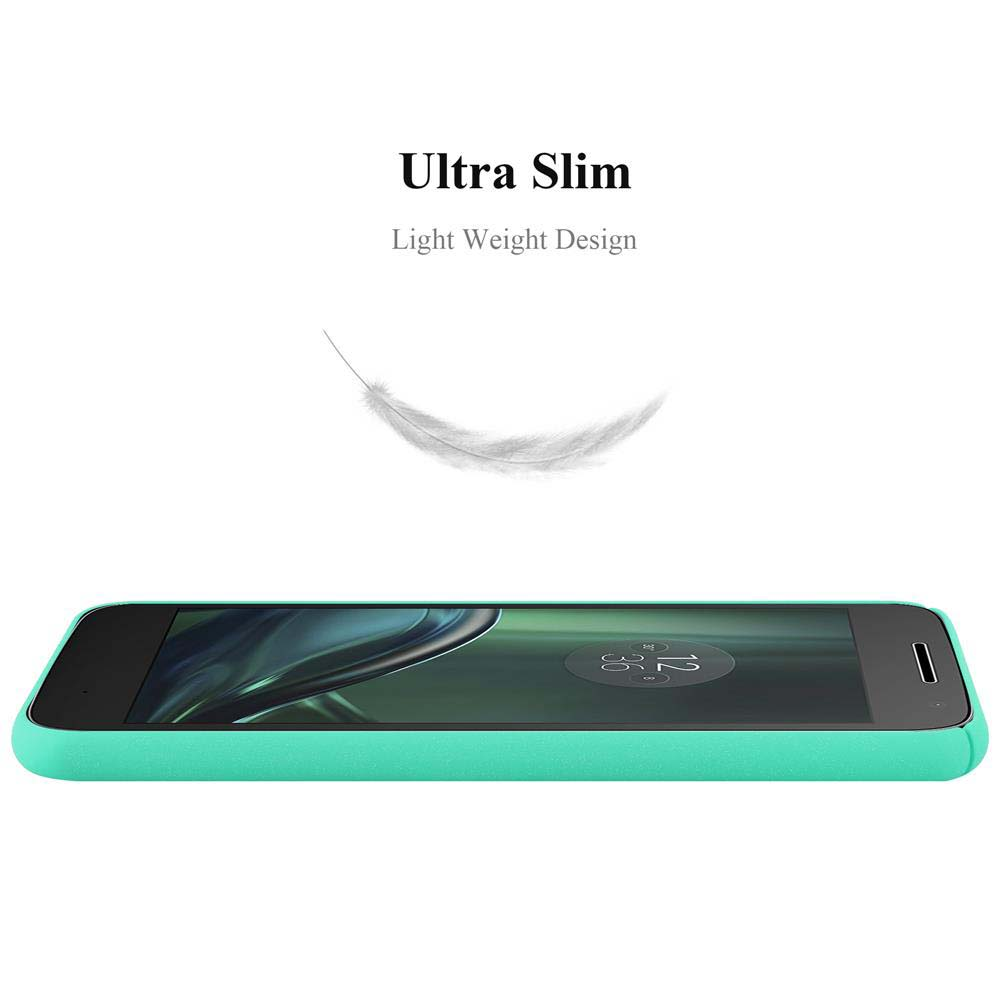 Un telefono turchese su sfondo bianco. Sopra, 'Ultra Slim' e 'Light Weight Design'. Una piuma fluttua sopra.