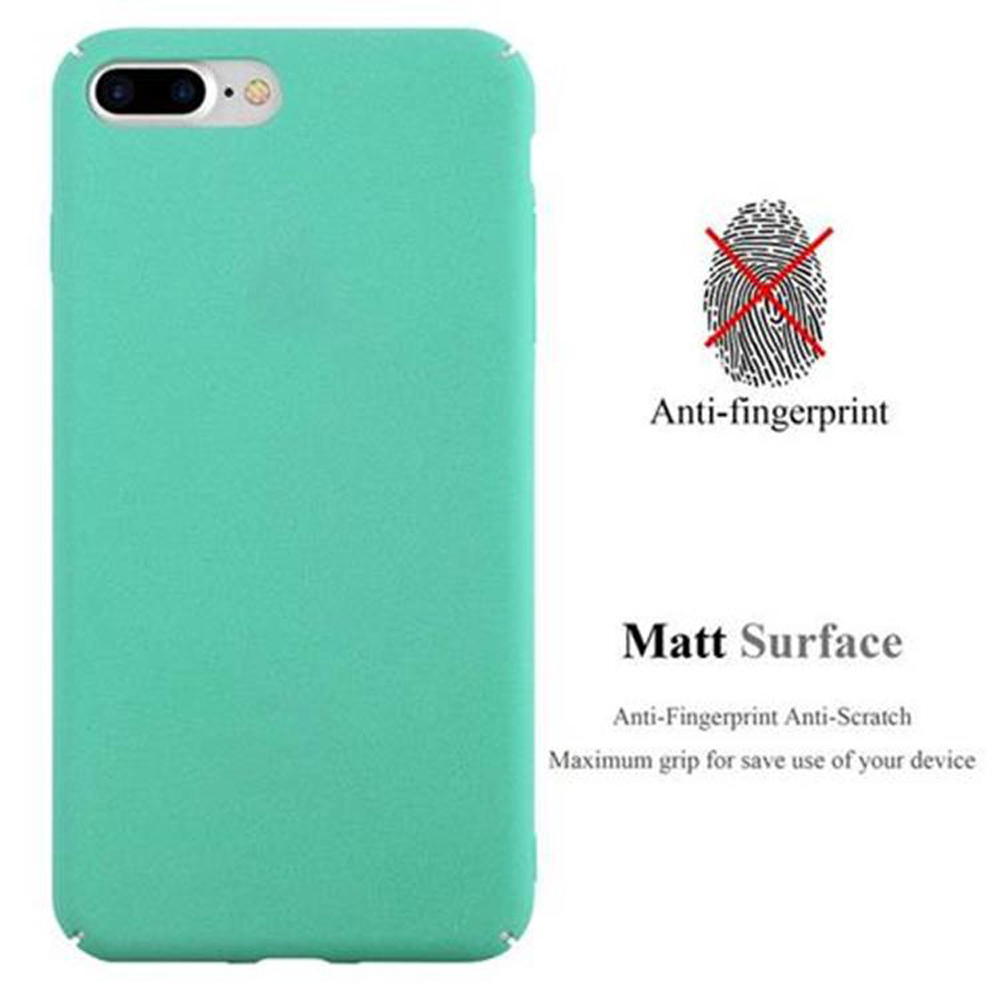 Eine mintfarbene Handyhülle mit Text, der Anti-Fingerprint und eine matte Oberfläche angibt. Enthält ein Fingerabdrucksymbol und Produktdetails.