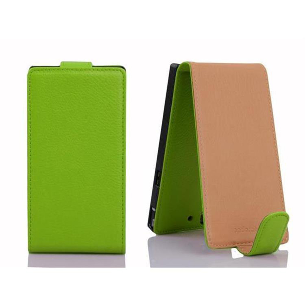 Dos fundas para teléfonos. Una verde, cerrada. Otra abierta con colores beige y verde.