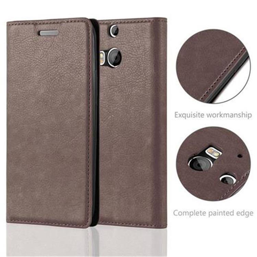Funda de teléfono de cuero marrón. Abierta, mostrando el interior. Dos detalles circulares: costuras y agujeros de la cámara.