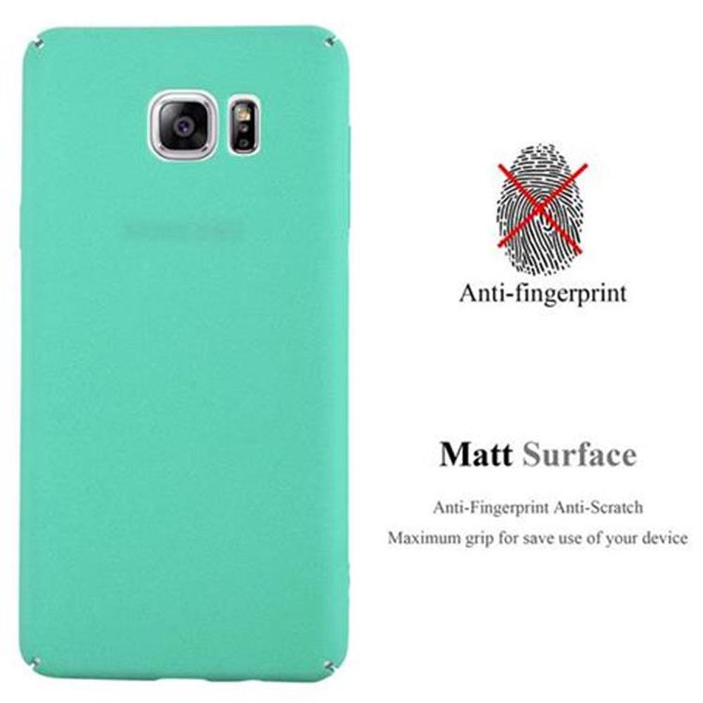 Eine mintgrüne Handyhülle mit Kameraausschnitt. Text: Anti-Fingerabdruck, matte Oberfläche, kratzfest und maximaler Grip.