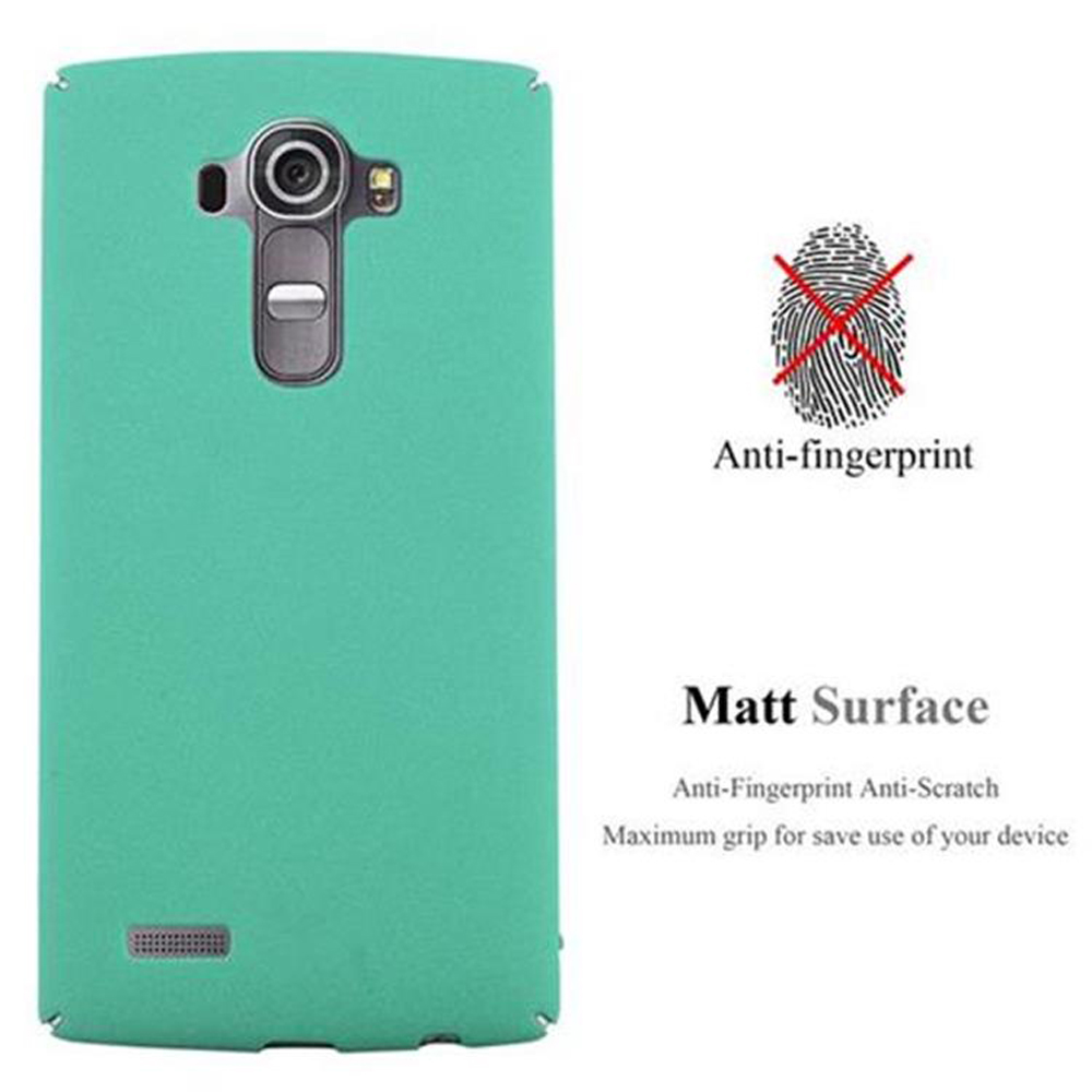 Una funda de teléfono verde azulado con cámara y altavoz. El texto indica que es anti-huellas y tiene una superficie mate.