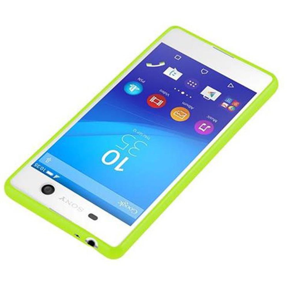 Ein weißes Sony-Smartphone mit grünem Gehäuse. Der Bildschirm zeigt Symbole und Uhrzeit an. Das Telefon ist angewinkelt, mit weißem Hintergrund.