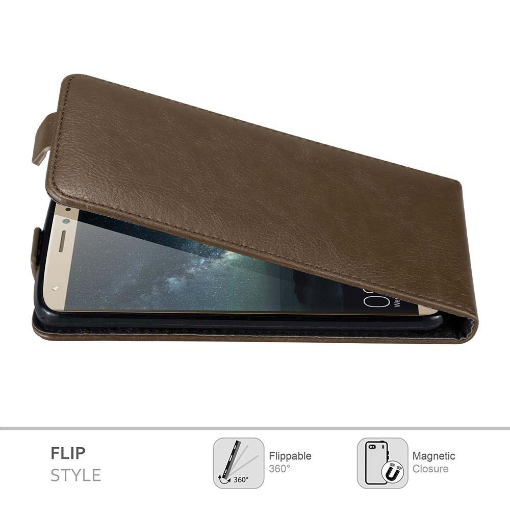 Custodia a flip in pelle marrone, parzialmente aperta, rivela schermo smartphone. La custodia è su sfondo bianco, con icone.