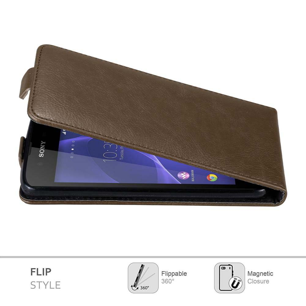 Eine braune Flip-Style-Handyhülle mit einem Sony-Handy. Details umfassen Magnetverschluss und 360-Grad-Drehbarkeit.