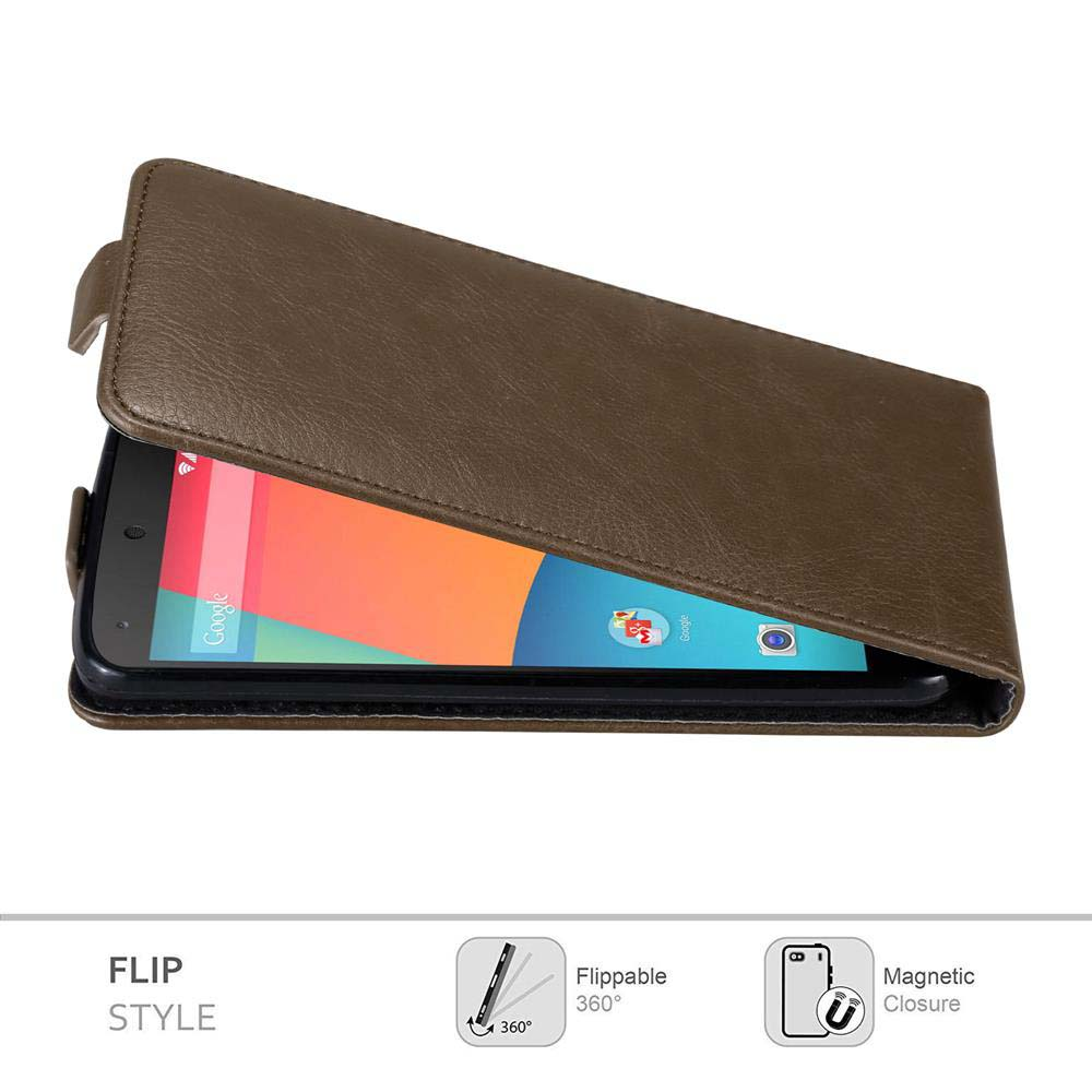 Una custodia a libro marrone protegge uno smartphone. Lo schermo mostra icone di app. Sotto, icone indicano rotazione a 360° e chiusura magnetica.