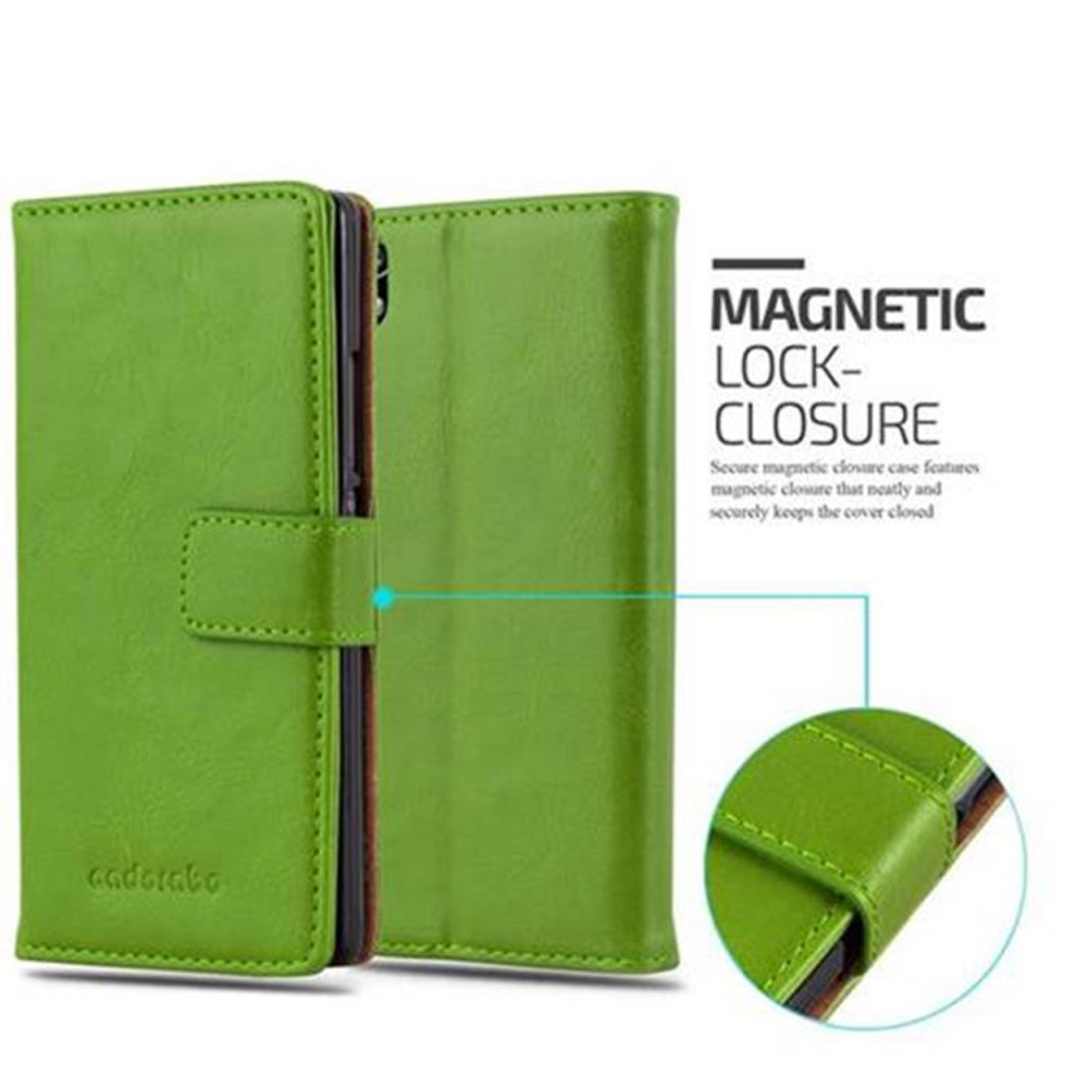 Custodia per telefono in pelle verde con chiusura magnetica. La custodia è aperta, mostrando l'interno. Testo: 'MAGNETIC LOCK-CLOSURE'.
