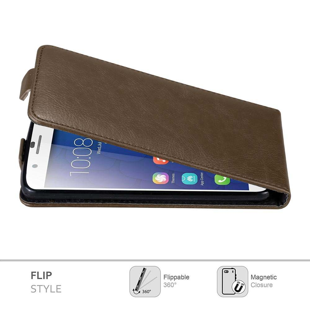 Una custodia a flip marrone con uno smartphone all'interno, che mostra l'ora. Sono visibili le icone delle app. Caratteristiche: ribaltabile, chiusura magnetica.