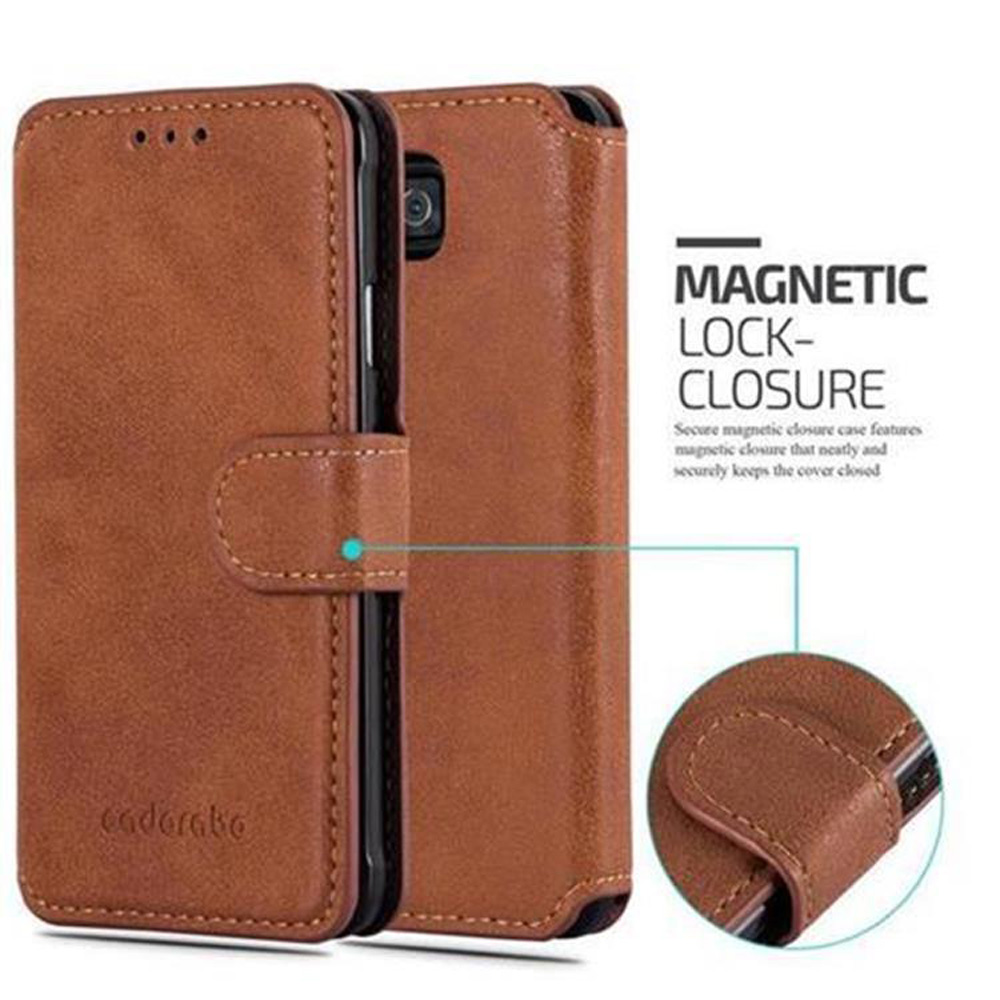 Étui de téléphone en cuir marron ouvert. Il possède une fermeture magnétique. Le texte à droite dit 'Magnetic Lock-Closure'.