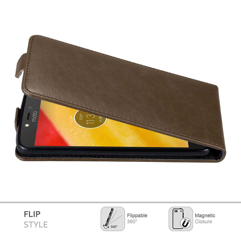 Una custodia a flip marrone è aperta, rivelando lo schermo di un telefono che mostra l'ora. Sono visibili anche le icone per ribaltabile e chiusura magnetica.