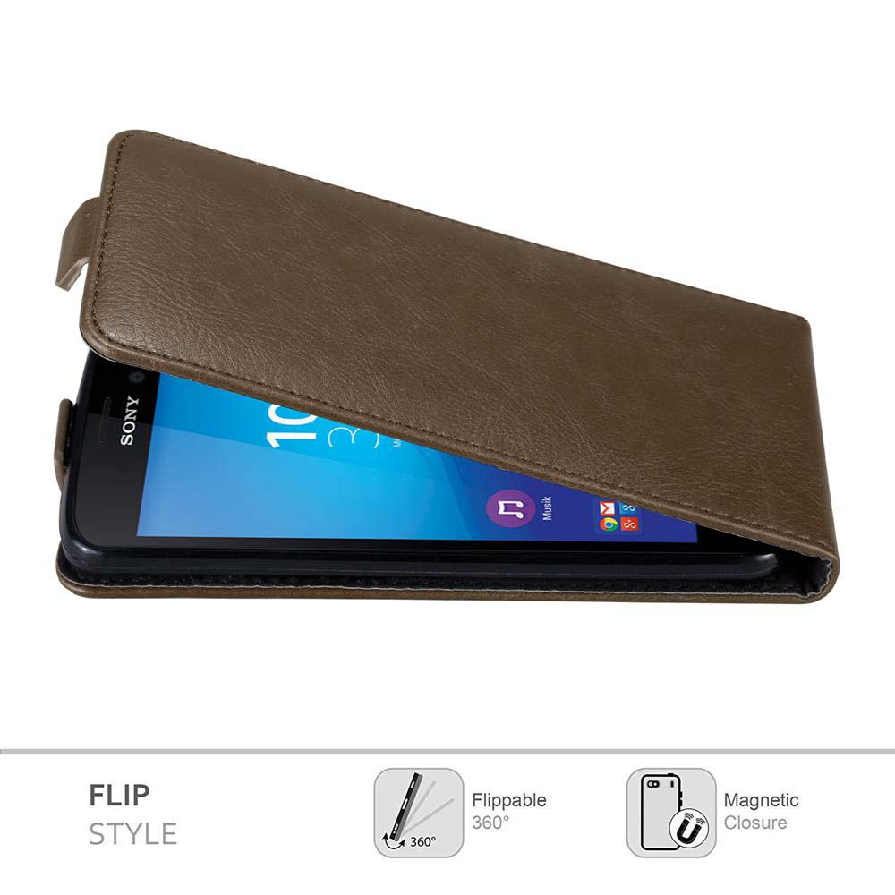 Custodia a flip marrone per telefono Sony. Lo schermo mostra app, la custodia è parzialmente aperta.