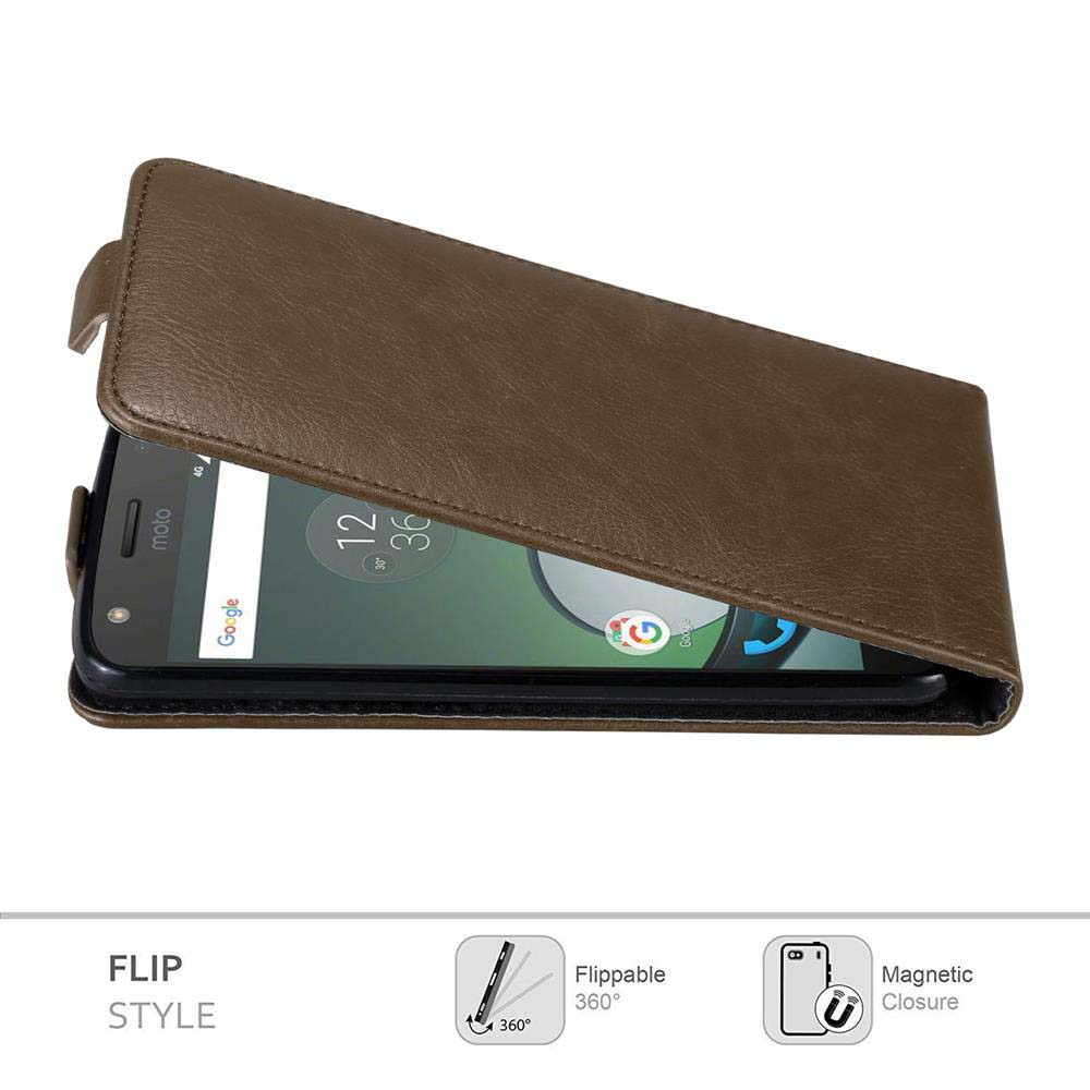 Una custodia a libro in pelle marrone per smartphone con schermo visibile, che mostra l'ora e il logo Google.