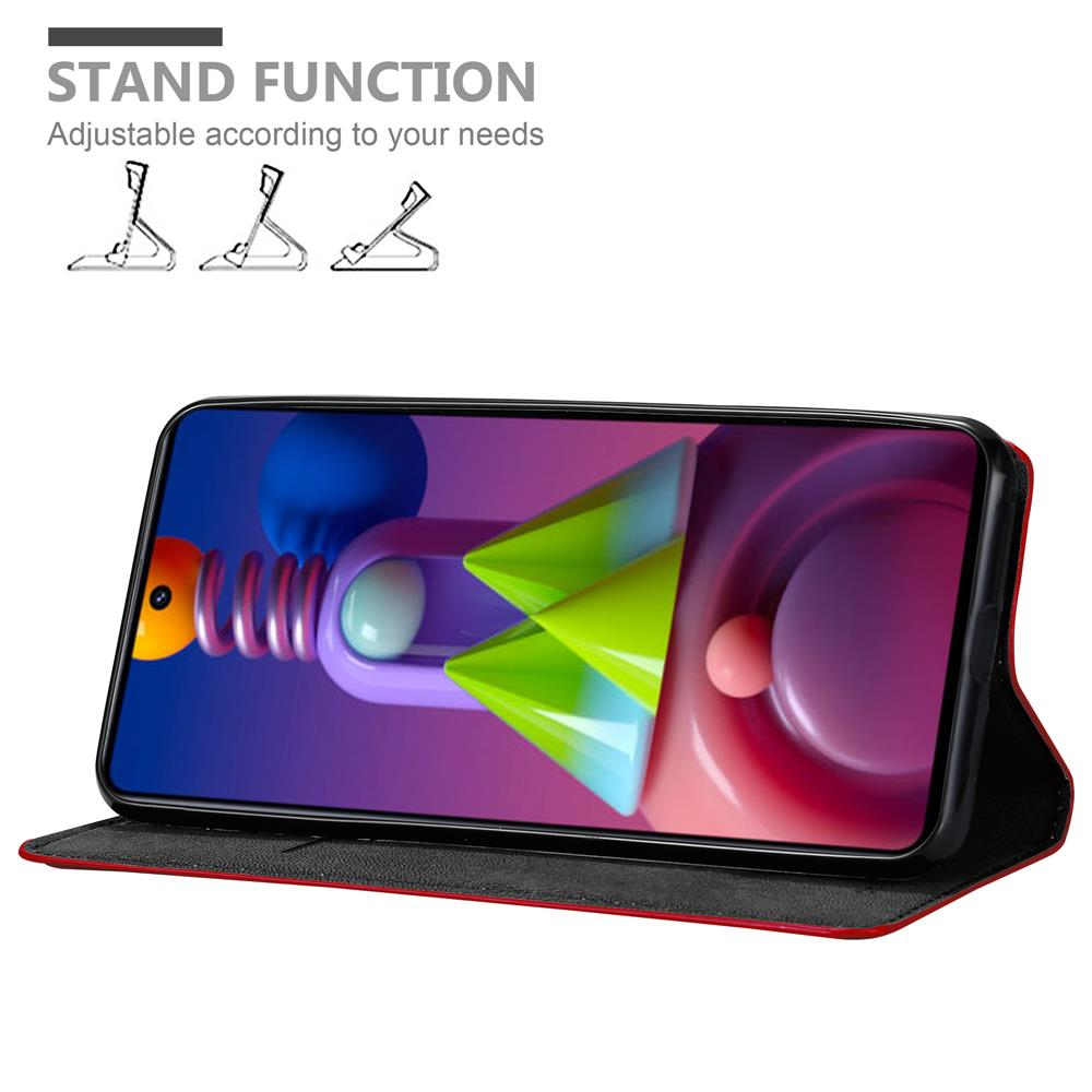 Ein Telefon in einer roten Hülle wird angezeigt. Der Bildschirm zeigt abstrakte Formen. Oben steht Standfunktion und Stand-Symbole.