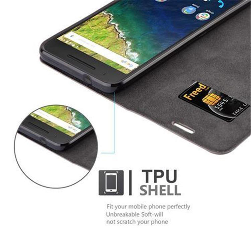 Un smartphone en una funda con tarjeta. Texto: 'TPU SHELL'. Se ve una tarjeta Freed con números.