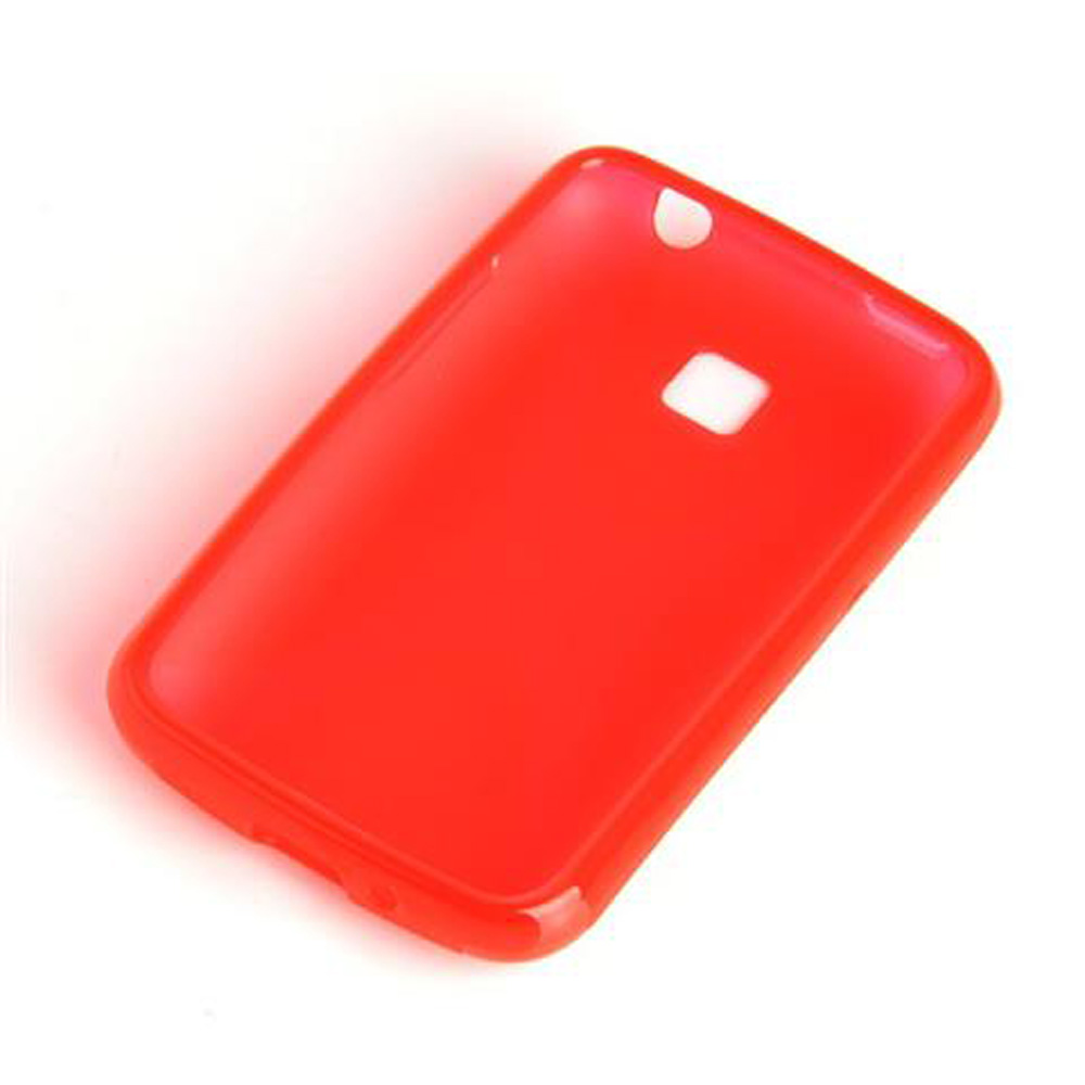 Una custodia rossa per telefono è su una superficie bianca. Ha fori per la fotocamera e altre funzioni. La custodia è lucida.