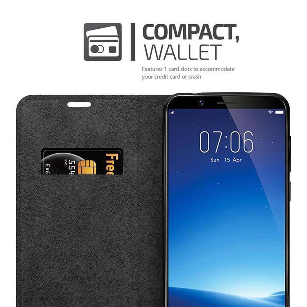 Un combo telefono e portafoglio. Il telefono mostra l'ora. Il portafoglio ha uno slot per carte di credito con una carta all'interno. Il testo dice 'Compact Wallet'.