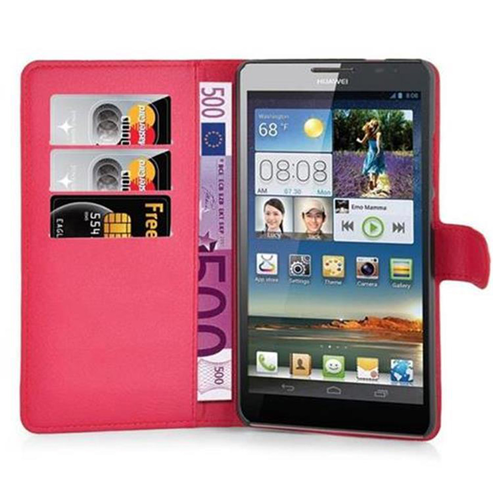 Uno smartphone in una custodia a portafoglio rosa. Carte di credito e banconota da 500 euro visibili. Lo schermo mostra un'app.