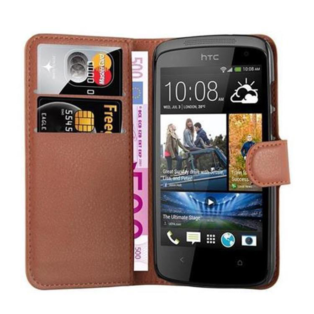 Eine braune Handyhülle mit einem Telefon, das Zeit und Bilder anzeigt, sowie Kreditkarten und einen 500-Euro-Schein.