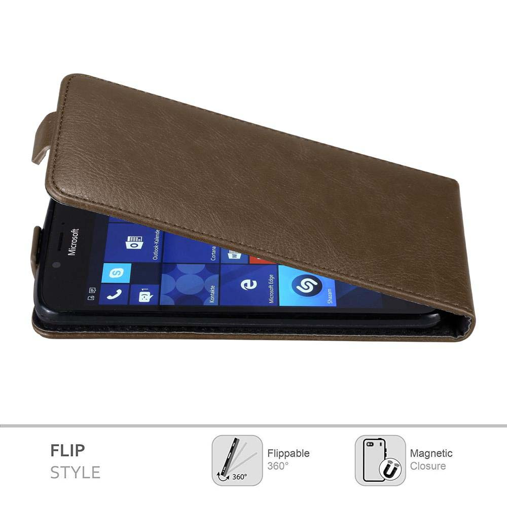 Eine braune Flip-Style-Handyhülle mit einem Telefon, auf dem App-Symbole angezeigt werden. Die Hülle ist geöffnet und zeigt den Bildschirm.