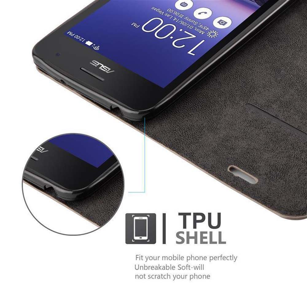 Un teléfono negro muestra las 12:00 PM. Descansa sobre una funda marrón, con el logotipo y el texto TPU shell debajo. Logotipo de ASUS visible.