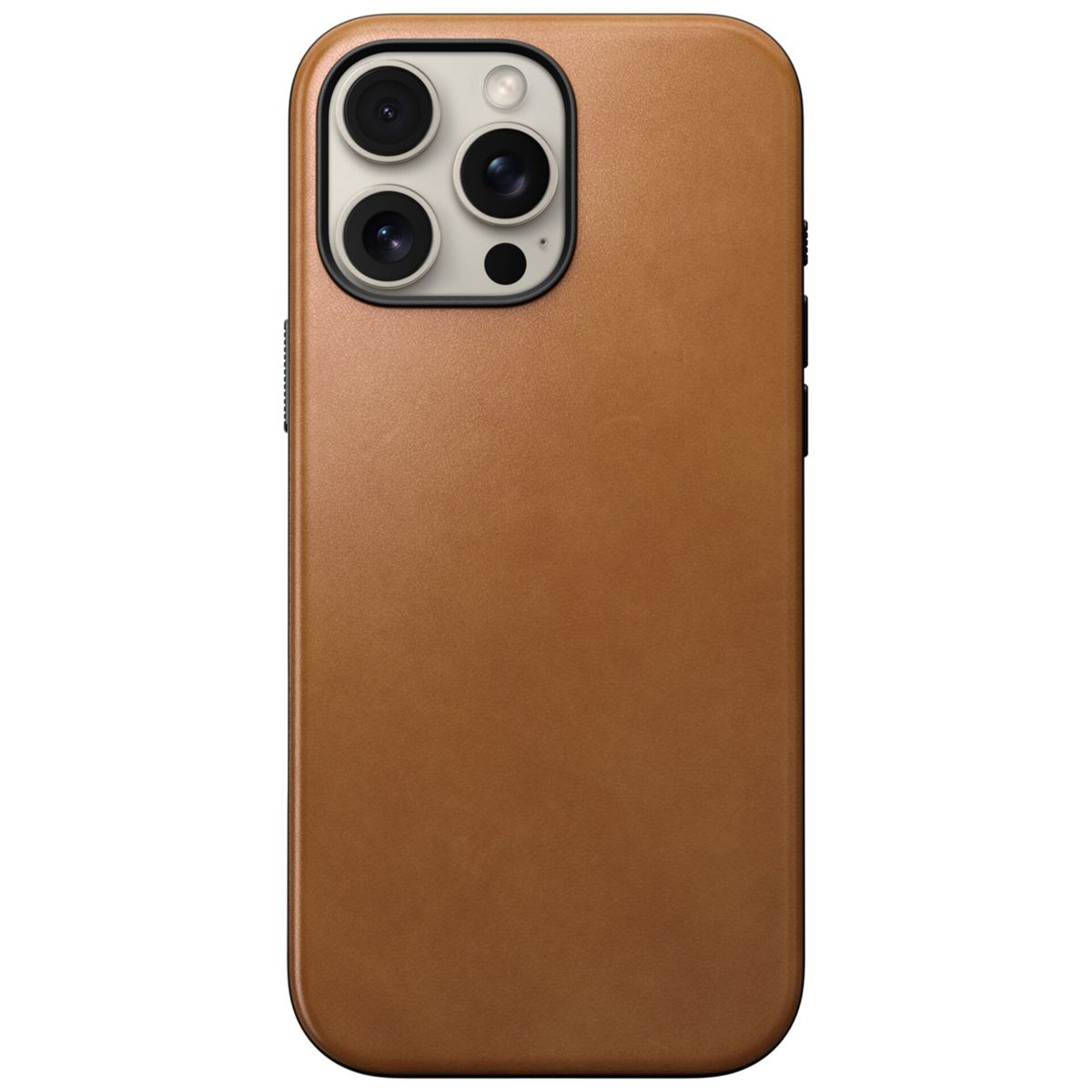 Eine braune iPhone-Hülle mit sichtbaren Kameralinsen oben. Die Hülle hat eine glatte Textur.