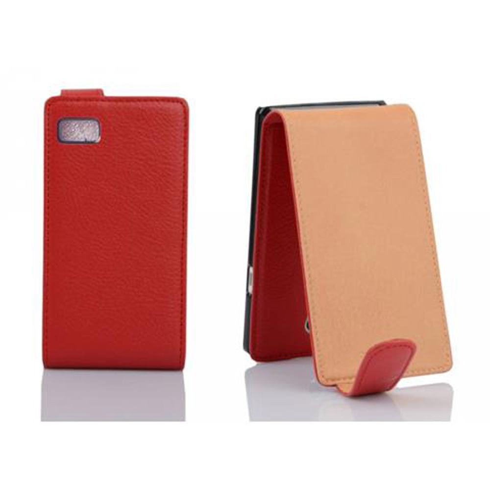 Due custodie per telefoni. Una è rossa, chiusa. L'altra è aperta, rossa all'interno e beige all'esterno. Entrambe sono su una superficie bianca.