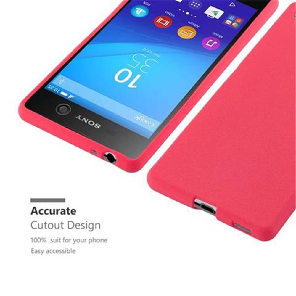 Viene mostrato un telefono rosso con una custodia, che mostra uno schermo blu con icone. Il telefono è vicino a una custodia rossa.