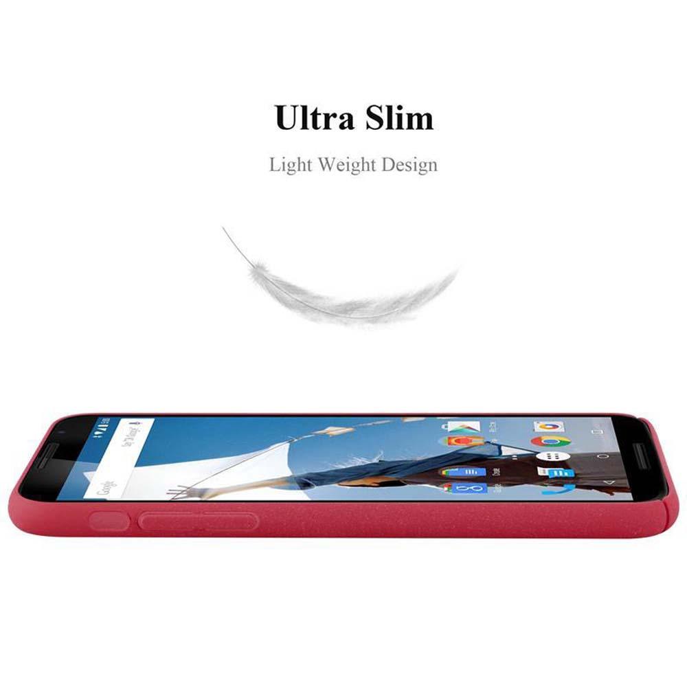 Ein rotes Smartphone auf weißem Hintergrund. Der Text oben lautet 'Ultra Slim Light Weight Design'. Eine Feder schwebt über dem Telefon.